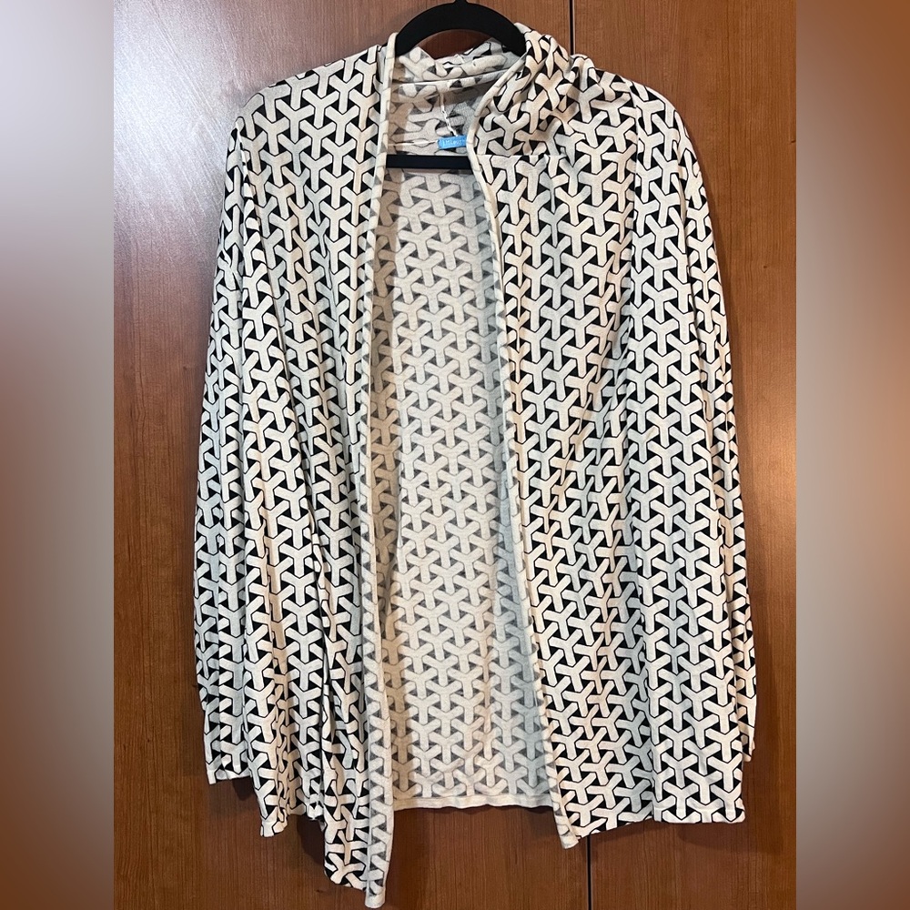 J McLaughlin Cardigan Open Front Lightweight Knit Geometric Black White Size M